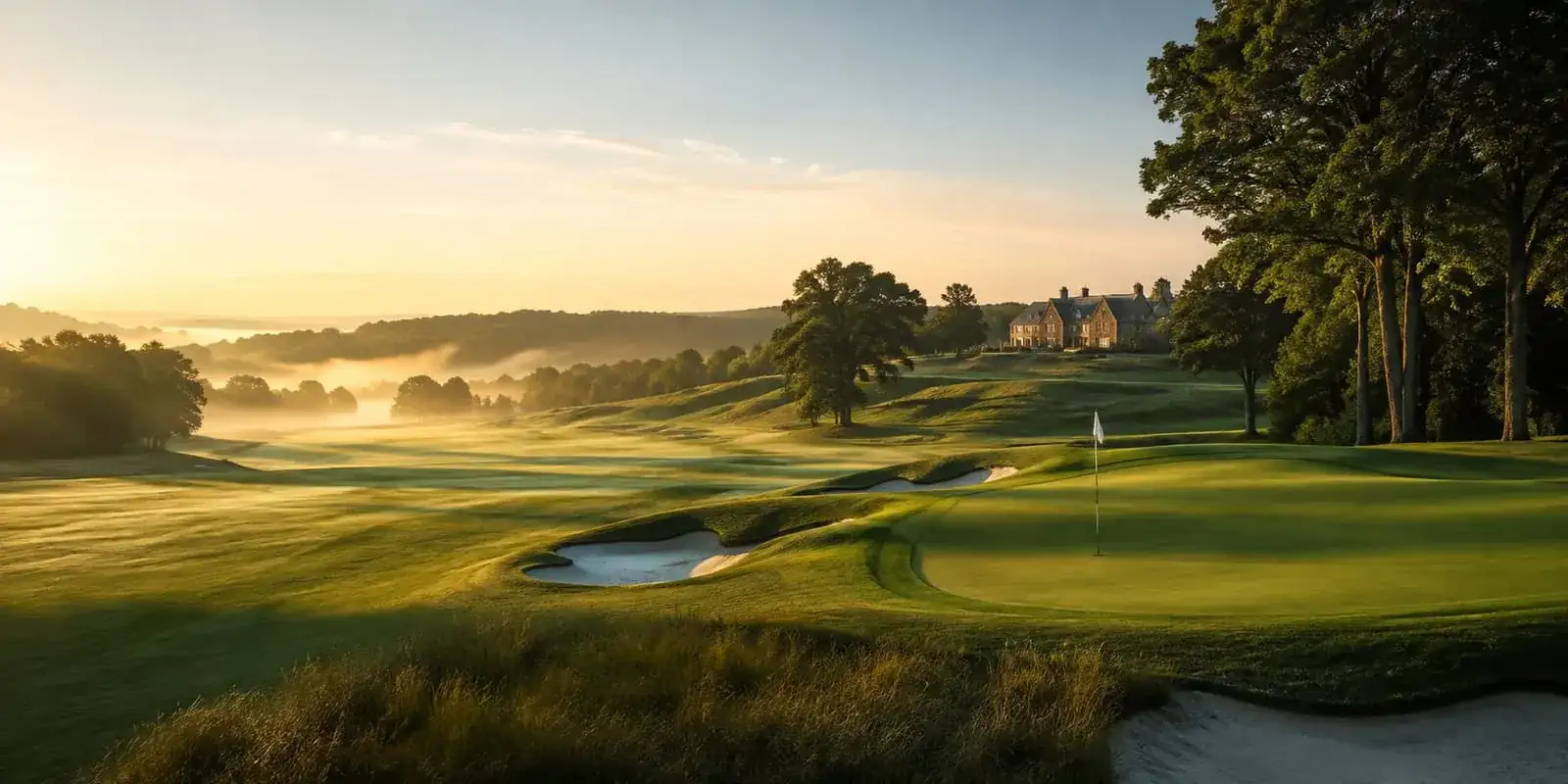 Aerial view of a sunlit golf course fairway and greens